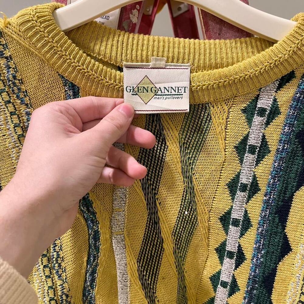 VTG 90s Coogi Style Glen Janet Yellow Cotton Knit Swe… - Gem